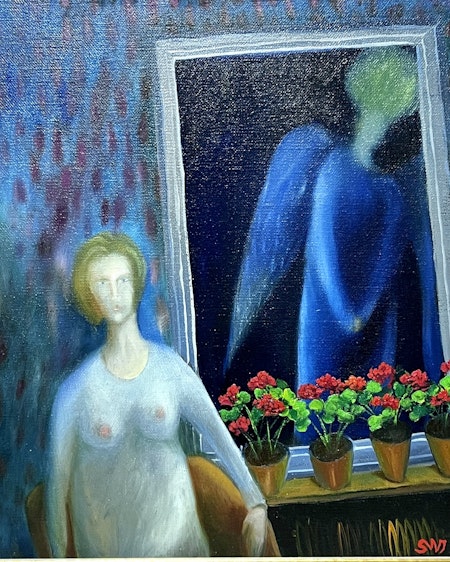"Ängeln i fönstret" Olja på duk av Stefan W. Igelström. 48x56cm