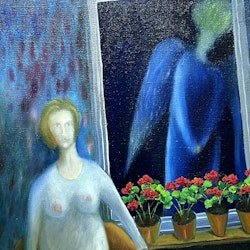 "Ängeln i fönstret" Olja på duk av Stefan W. Igelström. 48x56cm