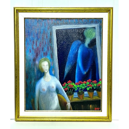 "Ängeln i fönstret" Olja på duk av Stefan W. Igelström. 48x56cm