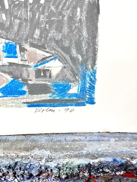 Gustav Bolin, färglitografi, signerad och numrerad 74/100  "Solnedgång i hamn", bladstorlek 71 x 61 cm.