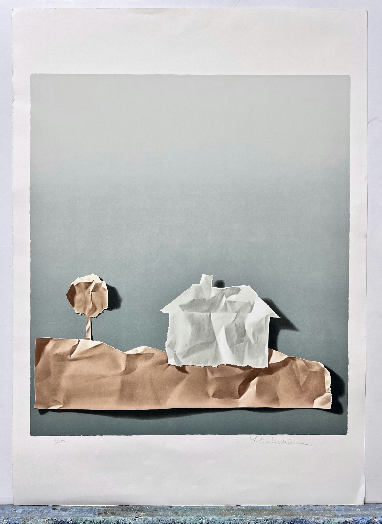 Yrjö Edelman, färglitografi, signerad och numrerad 8/250  "Landscape in paper", bladstorlek 61 x 86 cm.