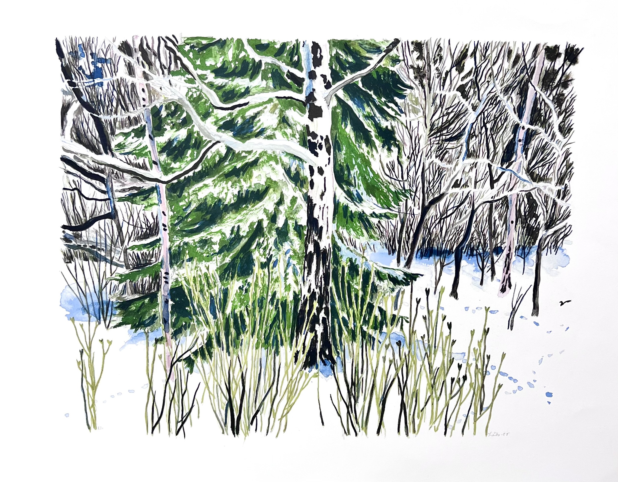 Evy Låås, färglitografi, signerad och markerad P-T  "Spår i snön", bladstorlek 74 x 60 cm.