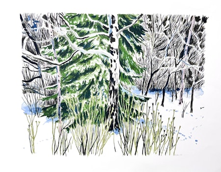 Evy Låås, färglitografi, signerad och markerad P-T  "Spår i snön", bladstorlek 74 x 60 cm.
