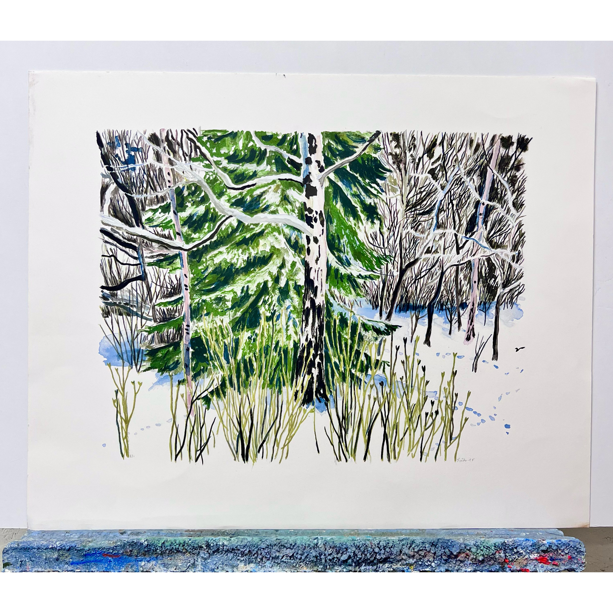 Evy Låås, färglitografi, signerad och markerad P-T  "Spår i snön", bladstorlek 74 x 60 cm.