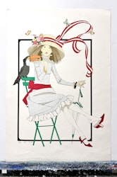 Philippe Henri Noyer, färglitografi, "Fille au perroquet", bladstorlek 65 x 89 cm.