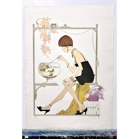 Philippe Henri Noyer, färglitografi, "Doucet", bladstorlek 65 x 89 cm.