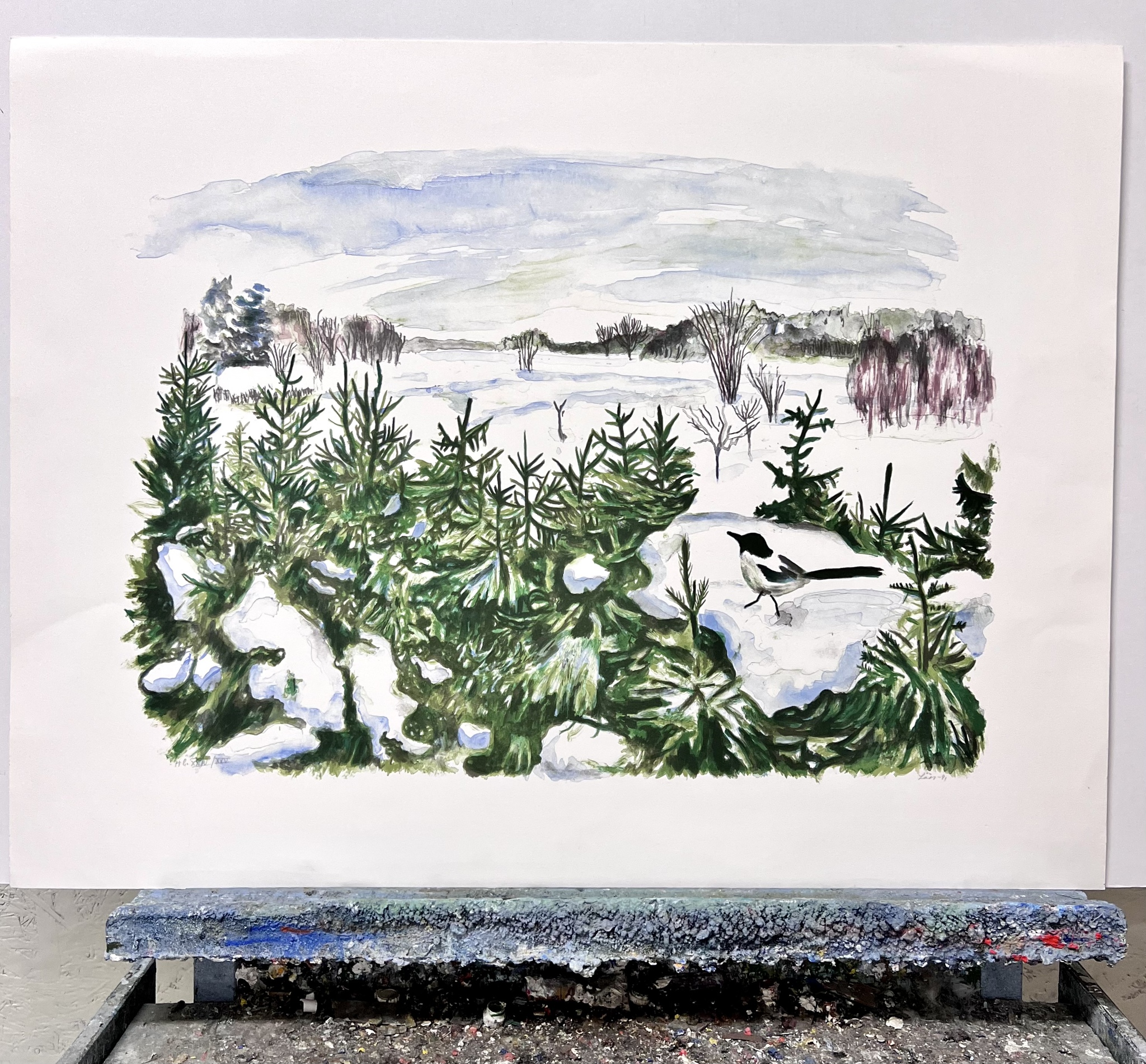 Evy Låås, "Vinterskatan", färglitografi, signerad, 82x63 cm.