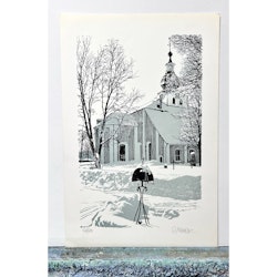 Göran Hahne, färglitografi, "Kyrka på vintern" 31,5 x 47 cm.