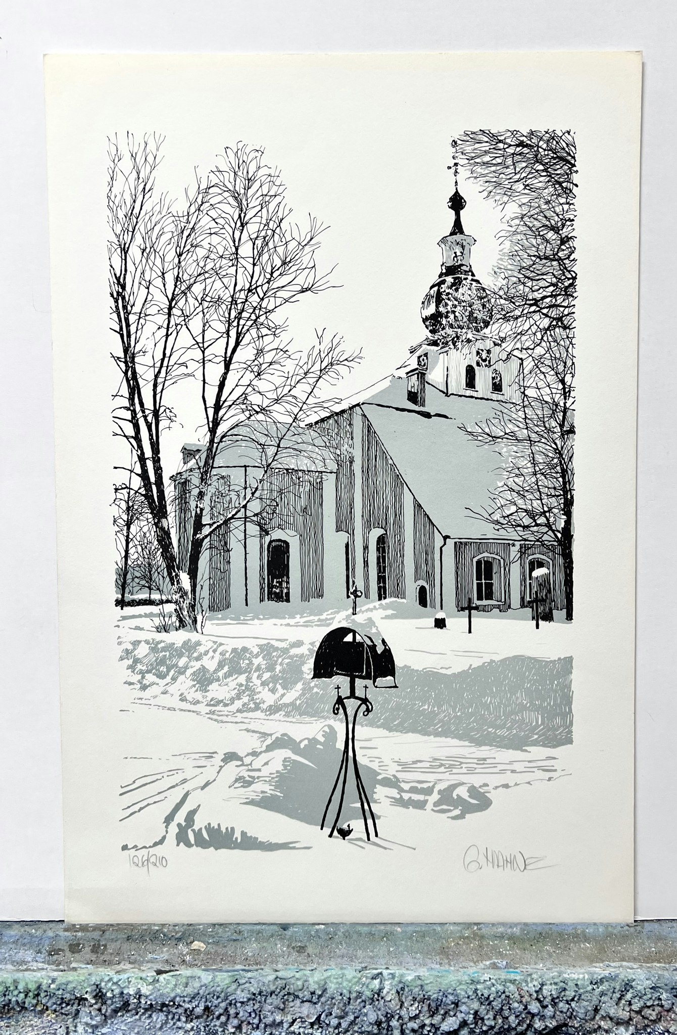 Göran Hahne, färglitografi, "Kyrka på vintern" 31,5 x 47 cm.