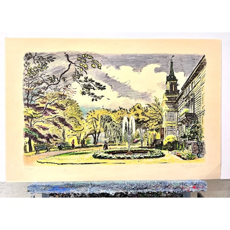 Folke Persson, "Promenad i parken" färglitografi,  60x89 cm.