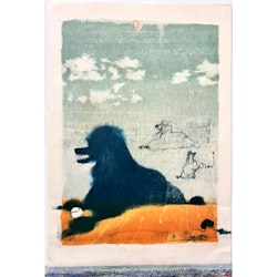 Bengt Landin , färglitografi, "Komposition med djur", bladstorlek 70 x 100 cm.