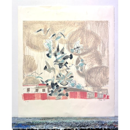 Gustav Bolin, färglitografi, signerad och markerad E.A  "Fåglar", bladstorlek 56 x 65 cm.