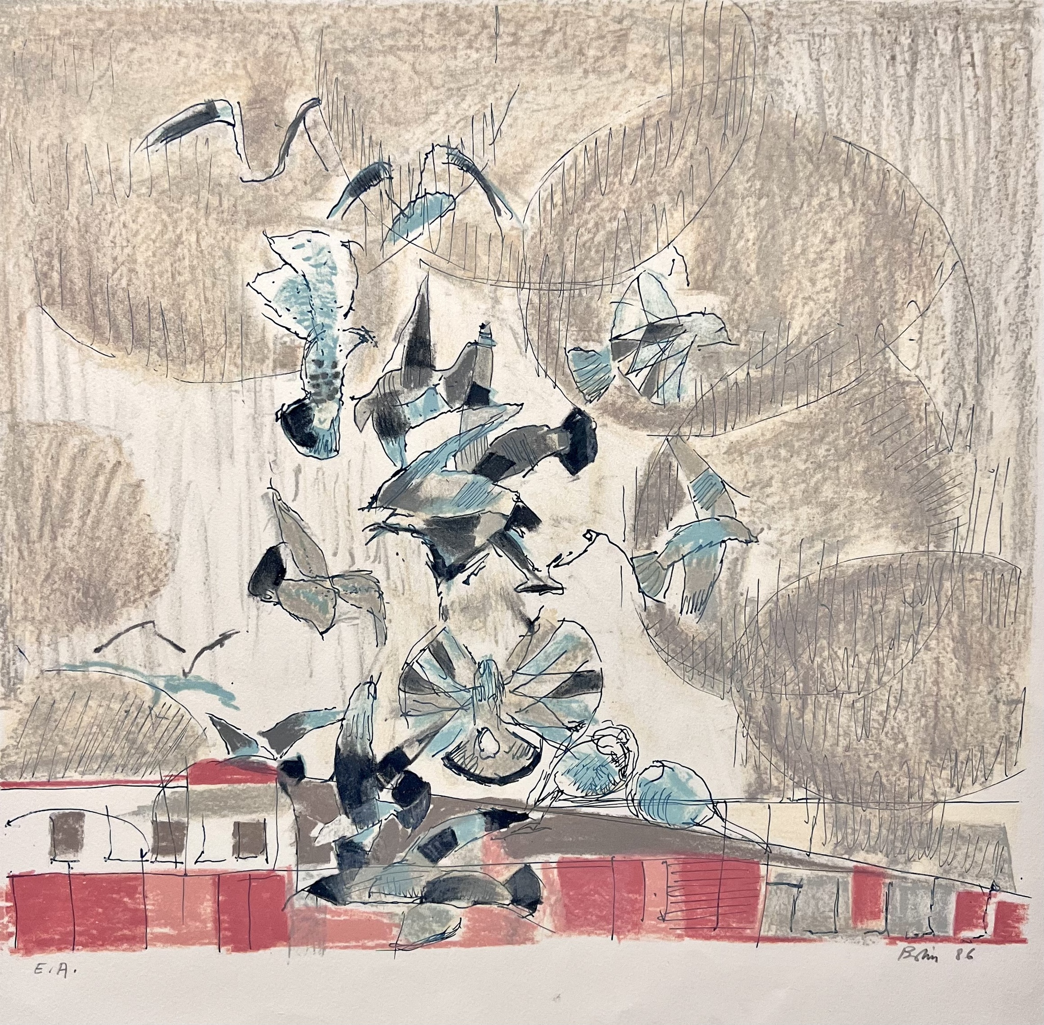 Gustav Bolin, färglitografi, signerad och markerad E.A  "Fåglar", bladstorlek 56 x 65 cm.