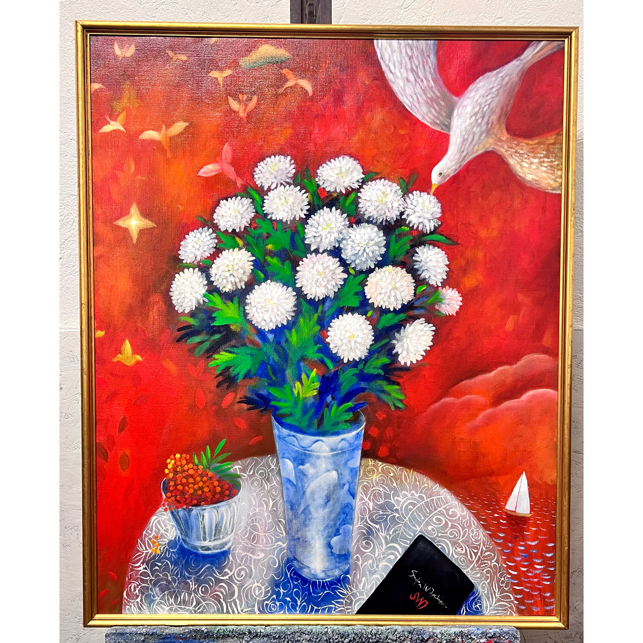 "Blomvas i röd värld" Olja på duk av Stefan W. Igelström 85x104,5cm