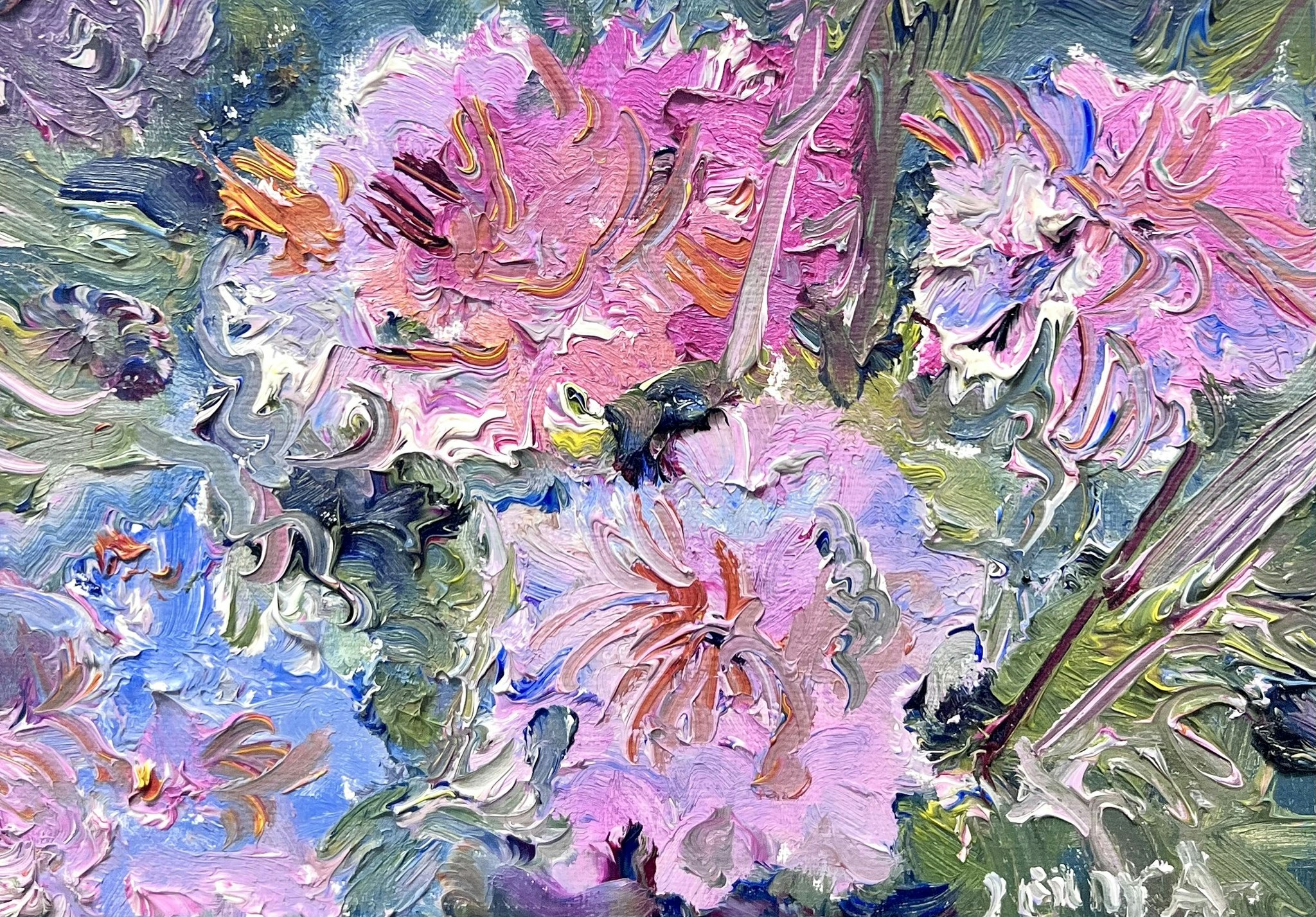 "Rosa blomster" Olja på duk av Jerry Andersson.  22,5x16 cm