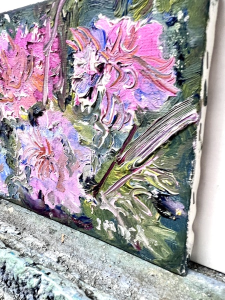 "Rosa blomster" Olja på duk av Jerry Andersson.  22,5x16 cm