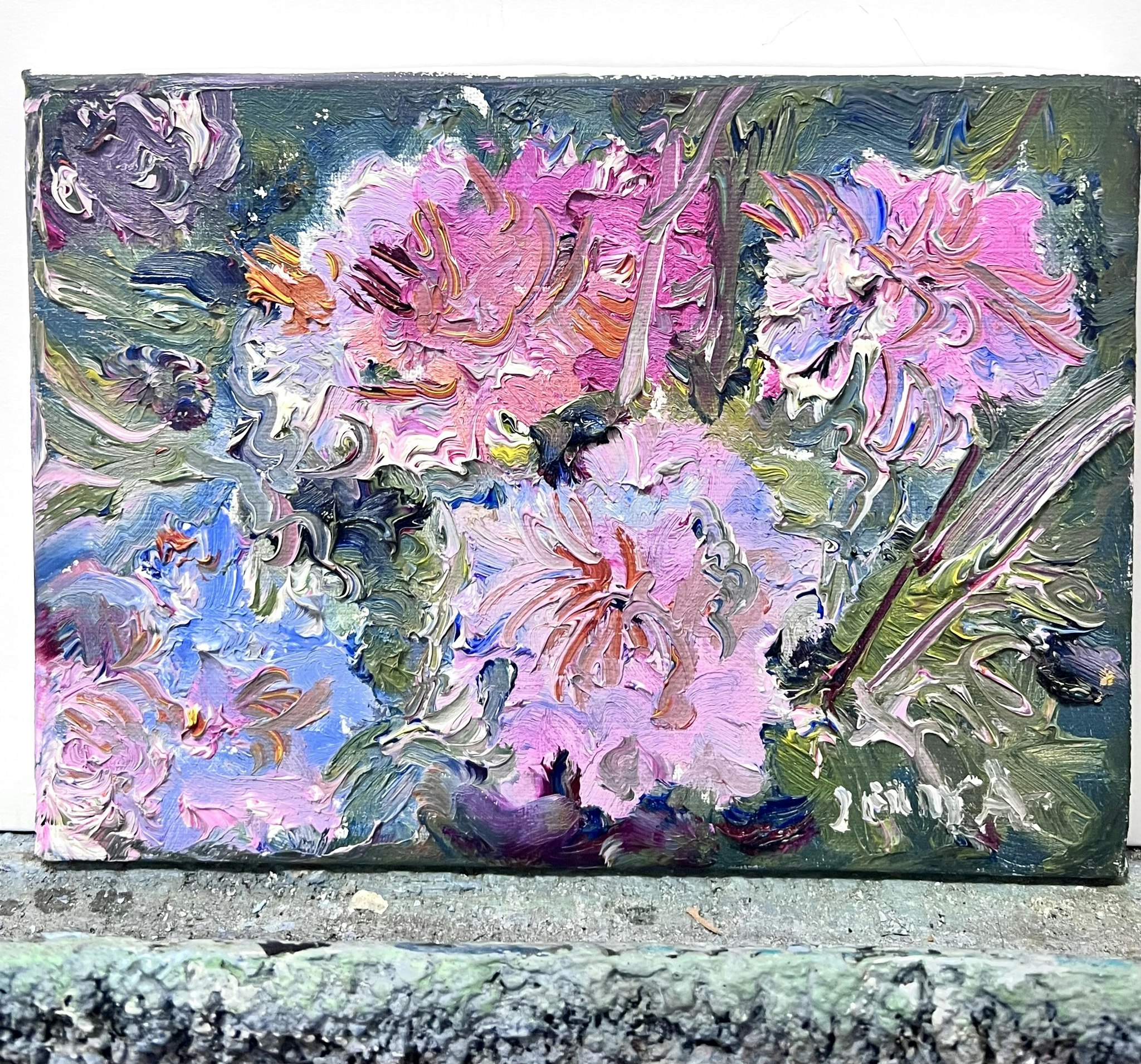 "Rosa blomster" Olja på duk av Jerry Andersson.  22,5x16 cm