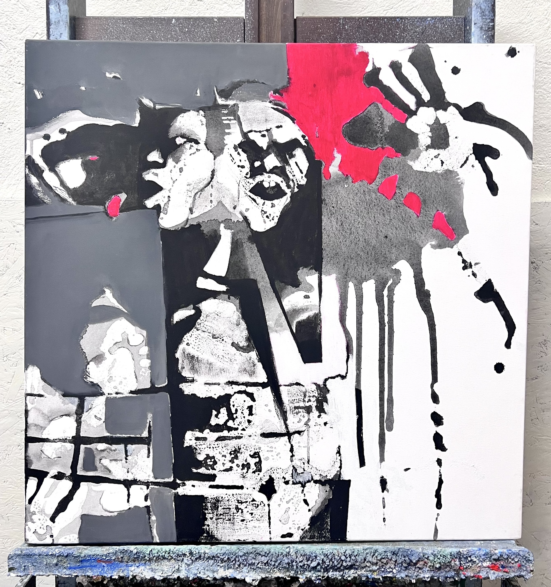"Abstract composition II", Blandteknik på duk av Johanna Łapuszek. 70x70cm.