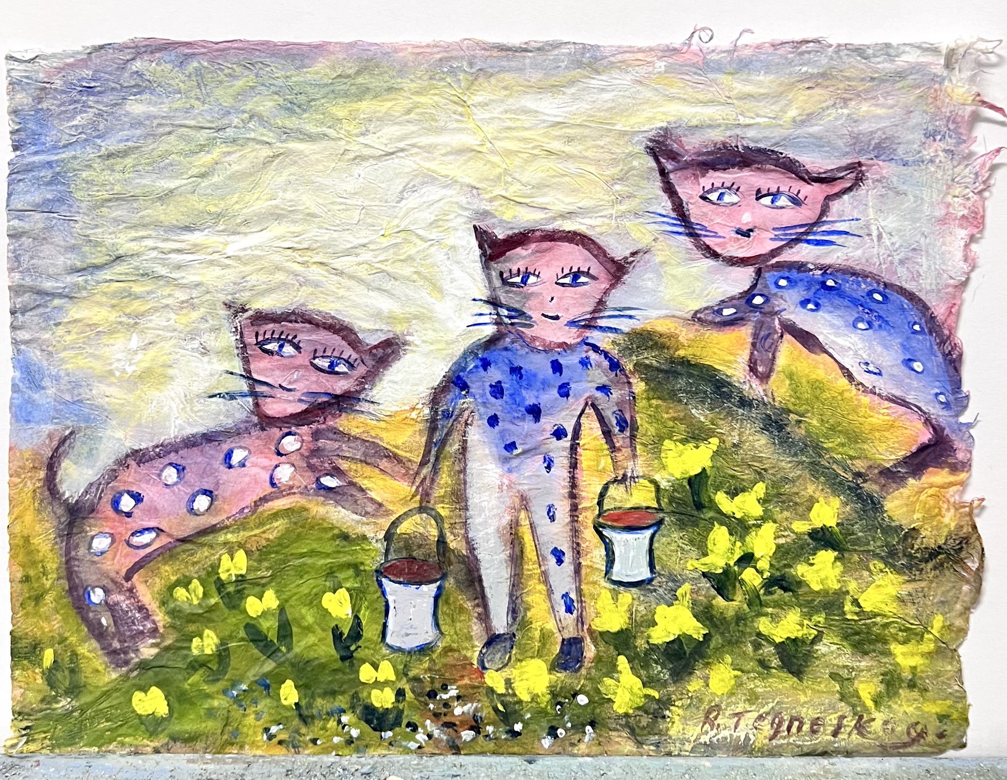 "Kattor med Kannor" Akvarell av Ronny Tegneskog. 33,5x25 cm