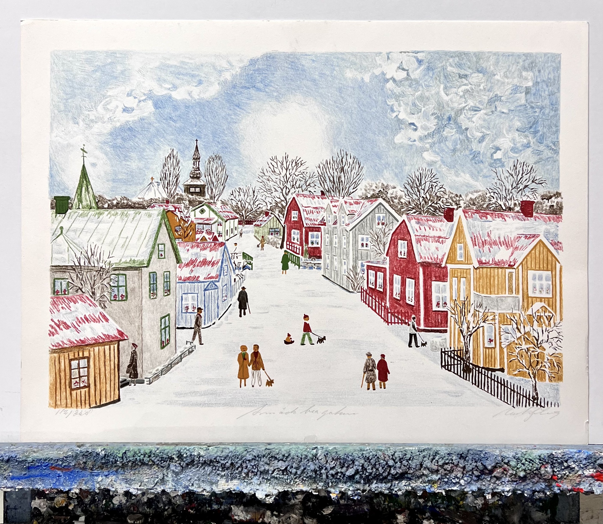 "Motiv från ett vintrigt Trosa". Litografi av Curt Sjöberg. 61x45 cm
