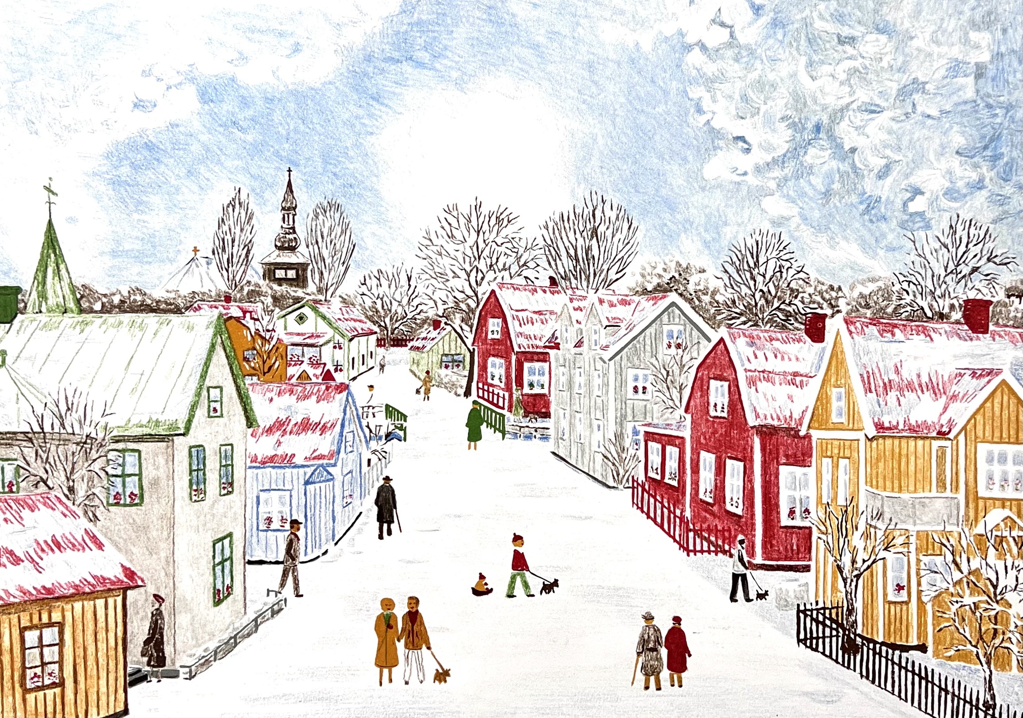 "Motiv från ett vintrigt Trosa". Litografi av Curt Sjöberg. 61x45 cm