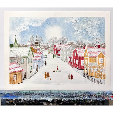 "Motiv från ett vintrigt Trosa". Litografi av Curt Sjöberg. 61x45 cm