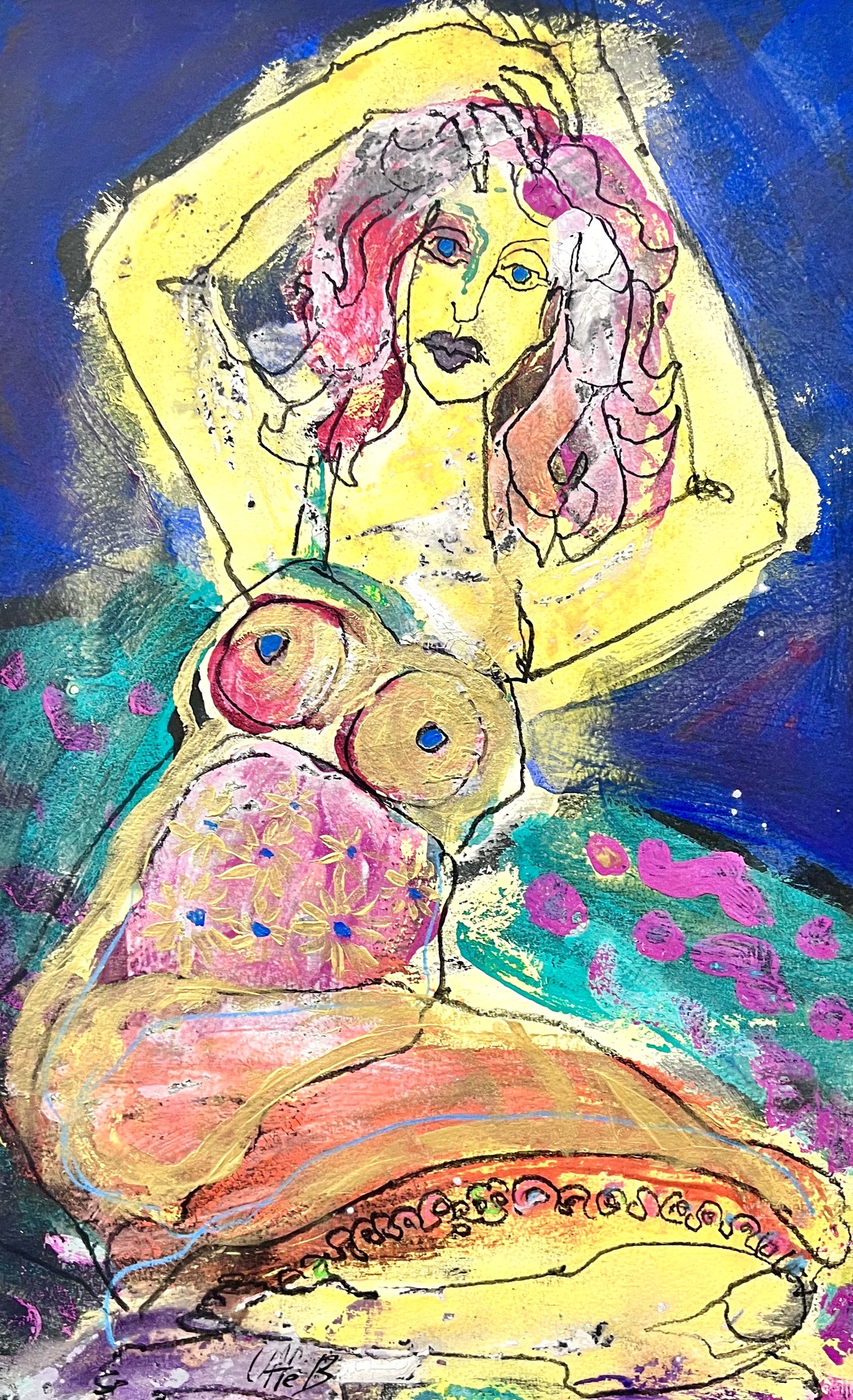"Gyllene kvinna" Akvarell av Uffe B. 50x32 cm