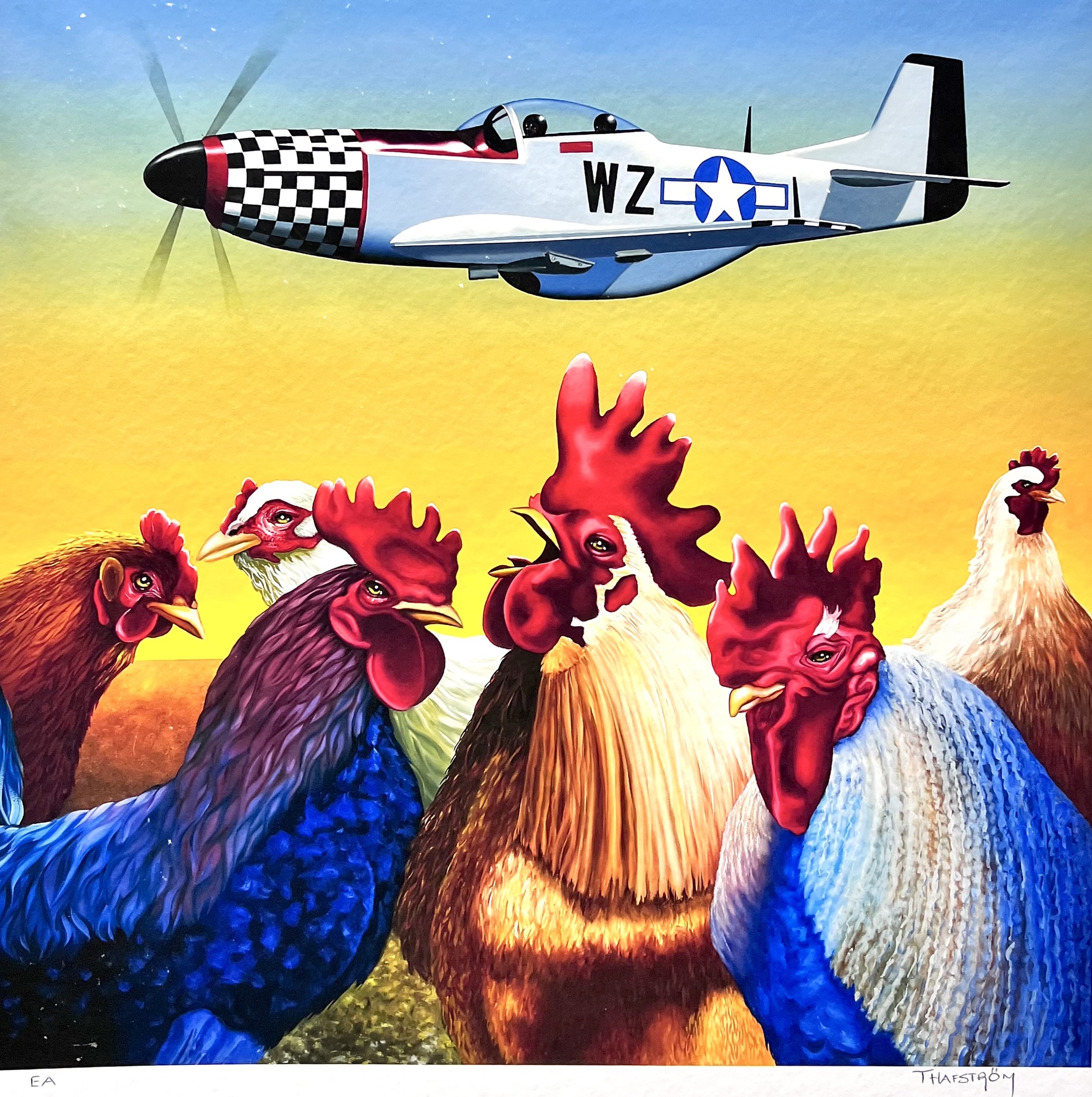 "Plane & Roosters färglitografi av Thomas Hafström, 56x56 cm.
