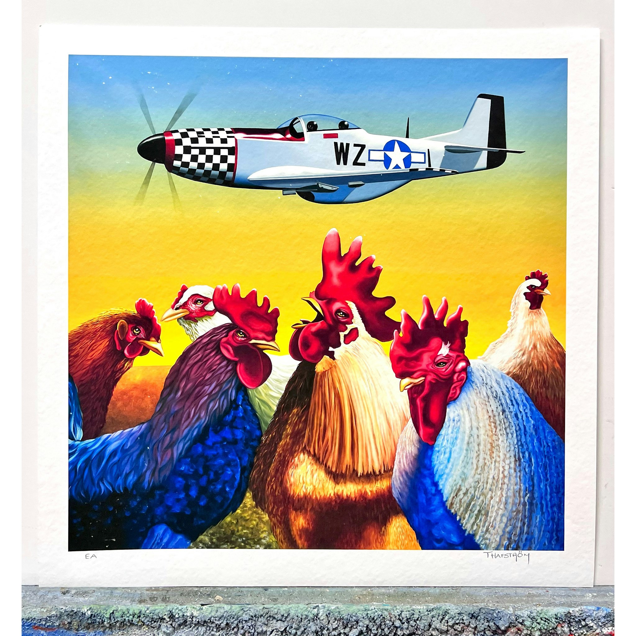 "Plane & Roosters färglitografi av Thomas Hafström, 56x56 cm.