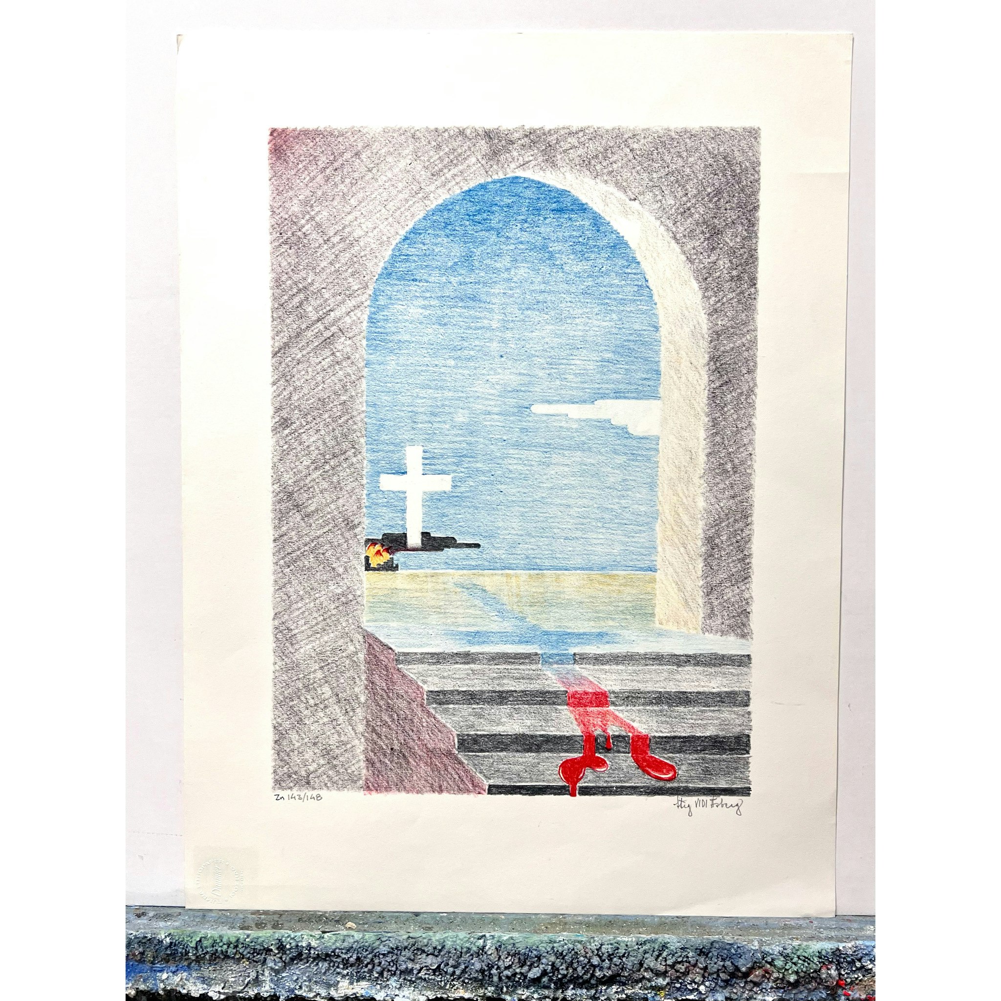 "Korsets skugga", Färglitografi av Stig "Vidi" Åsberg. 47x62 cm