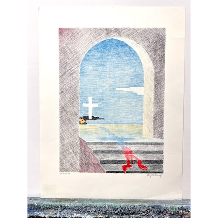 "Korsets skugga", Färglitografi av Stig "Vidi" Åsberg. 47x62 cm
