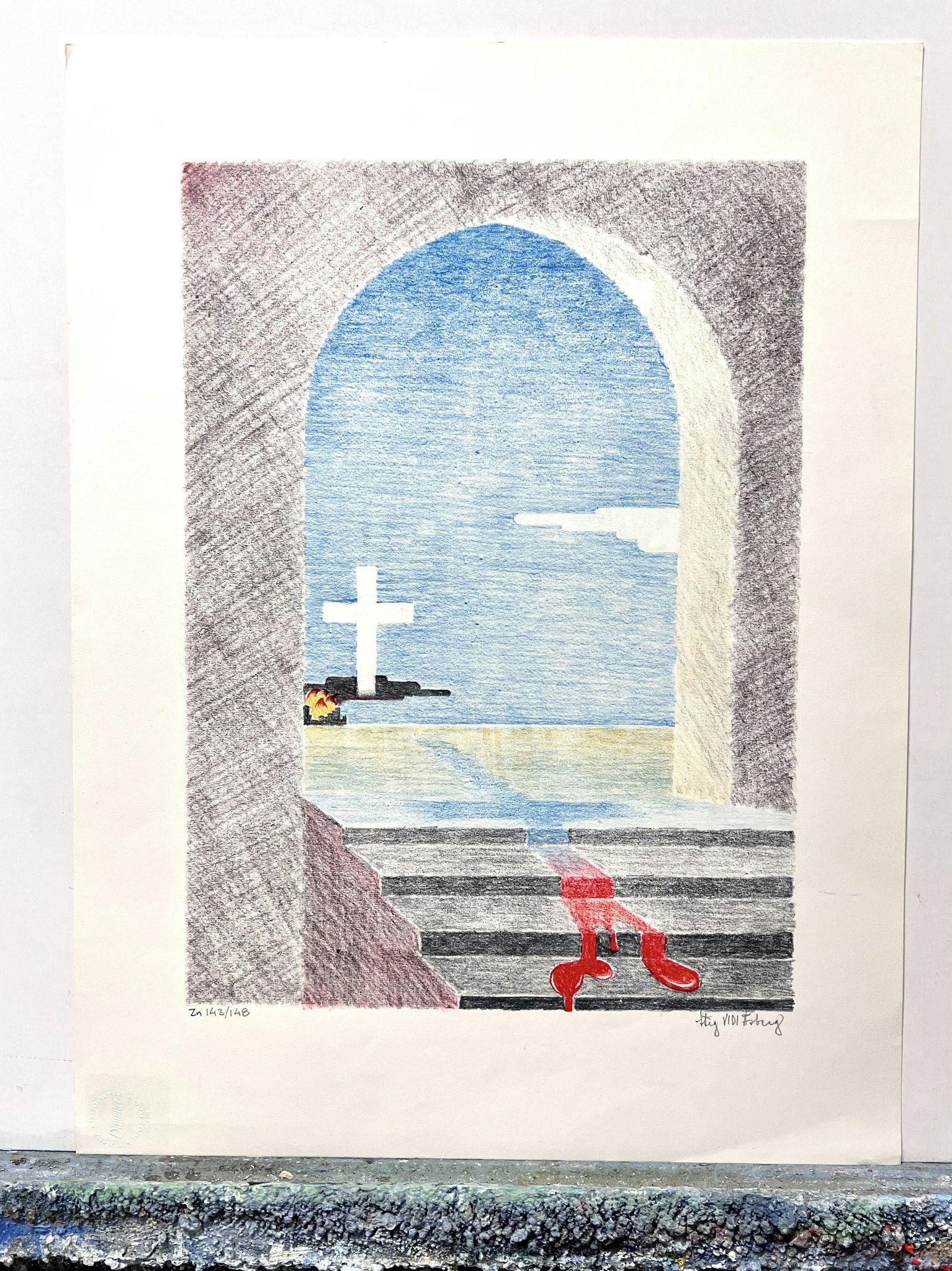 "Korsets skugga", Färglitografi av Stig "Vidi" Åsberg. 47x62 cm