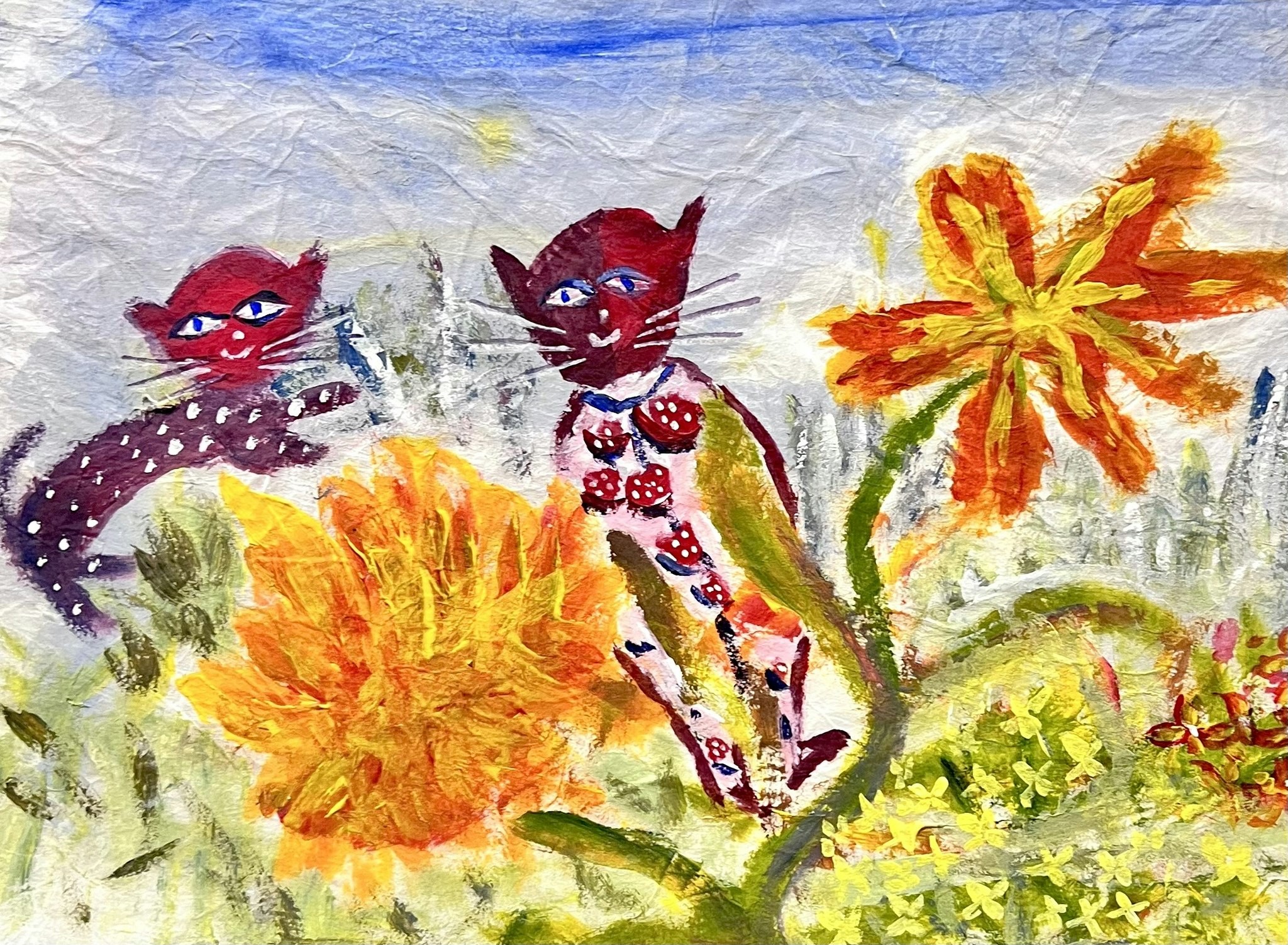 "Glada katter i trädgårdslandet" Akvarell av Ronny Tegneskog. 34x25 cm