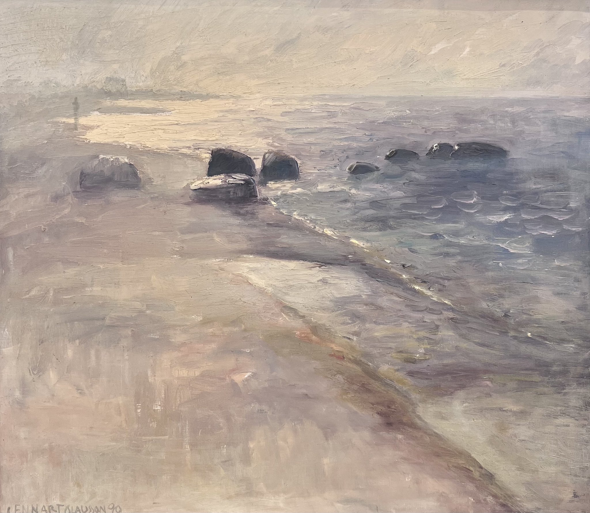 "Morning beachwalk" Olja på duk av Lennart Olausson, 78x68 cm