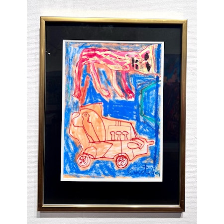 "Katten flyger över vägen" Akvarell/Pastell av Mauritz Karström. 43x56 cm