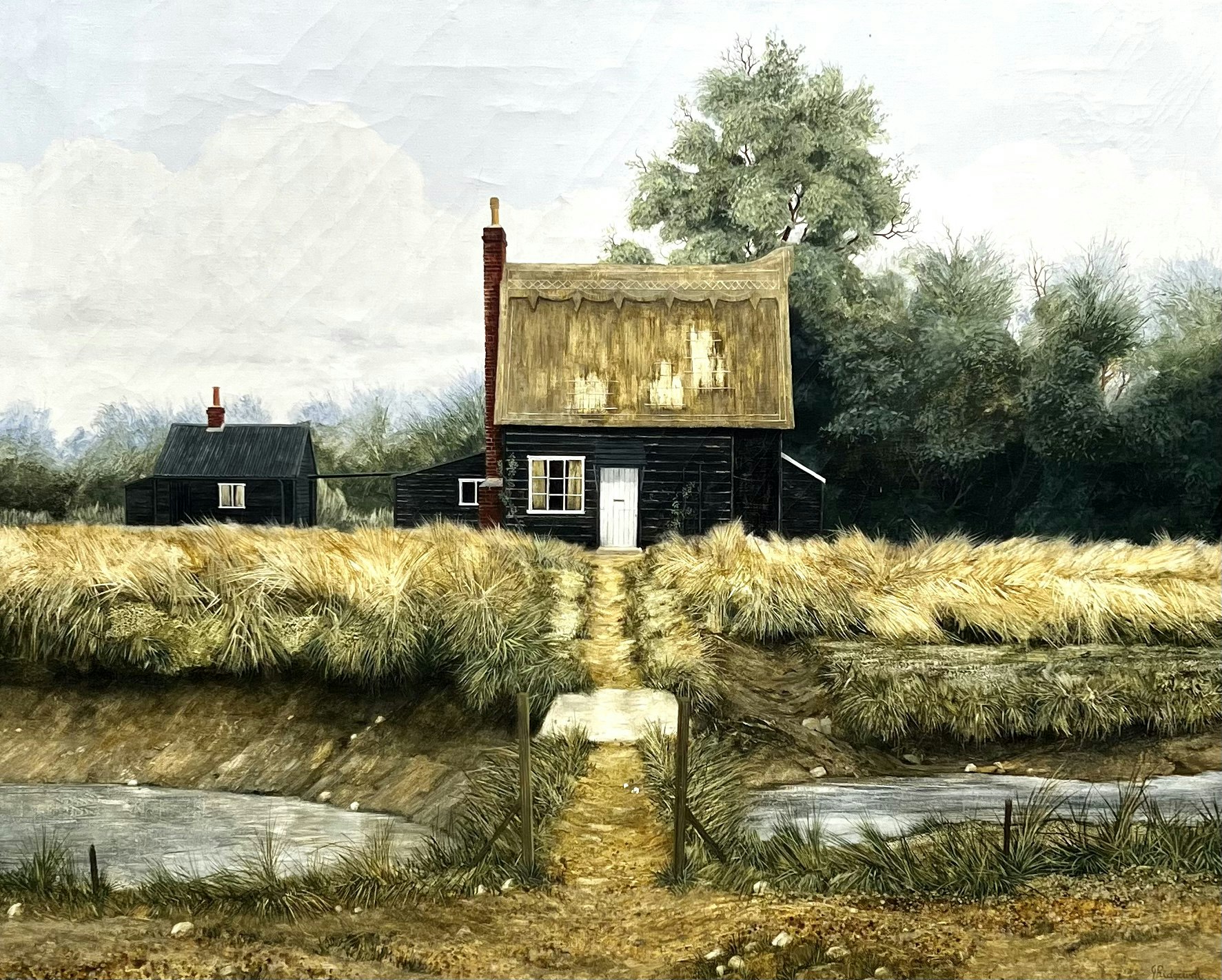 "Black Essex Cottage I" Olja på duk av John Ridgewell. 82,5x69 cm