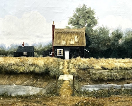 "Black Essex Cottage I" Olja på duk av John Ridgewell. 82,5x69 cm