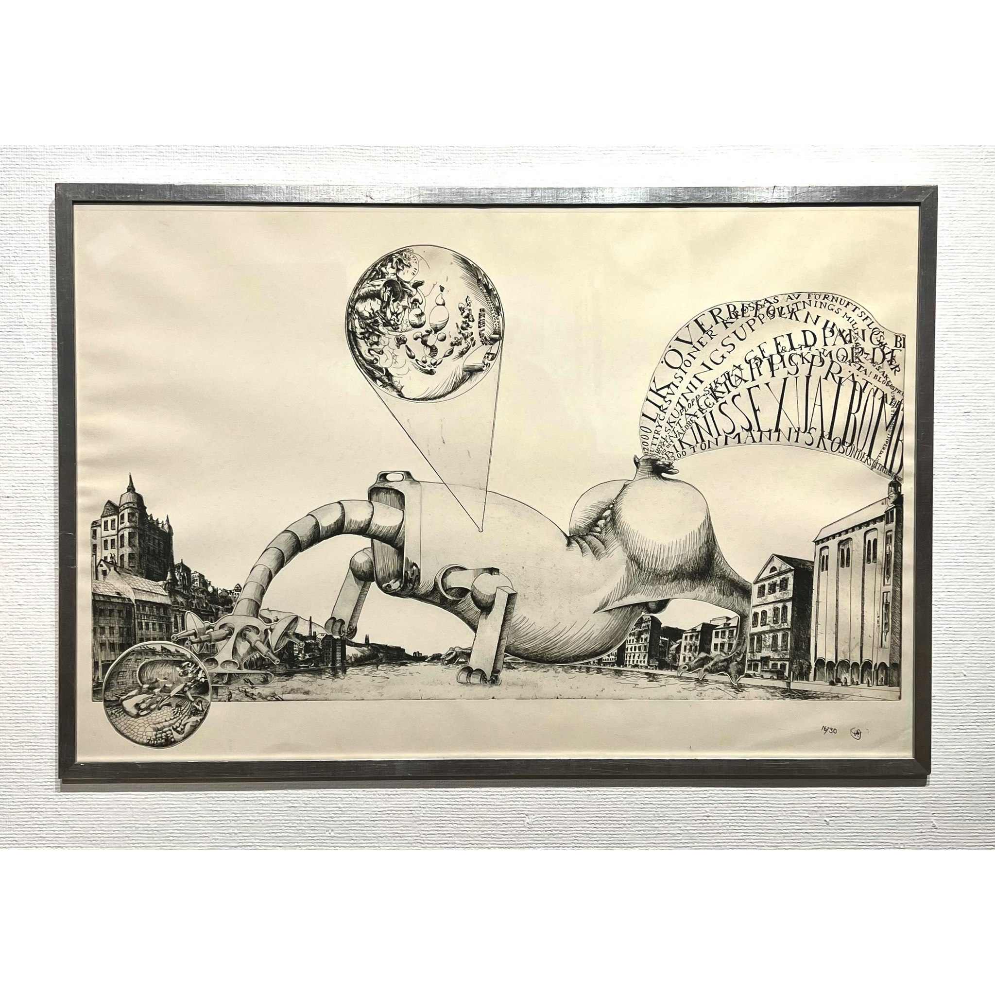 "Surrealistisk stadslandskap med erotiskt monster" Etsning av Ulf Rahmberg. 97x66,5 cm