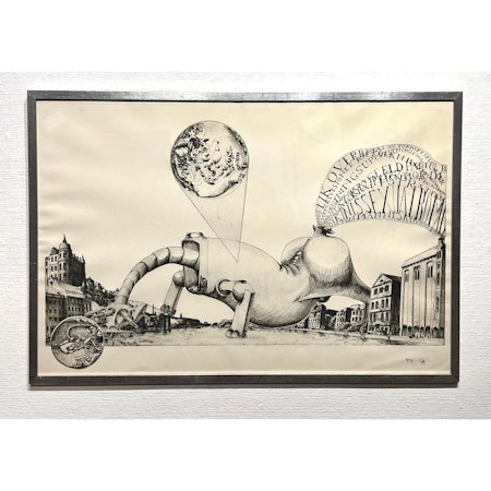 "Surrealistisk stadslandskap med erotiskt monster" Etsning av Ulf Rahmberg. 97x66,5 cm