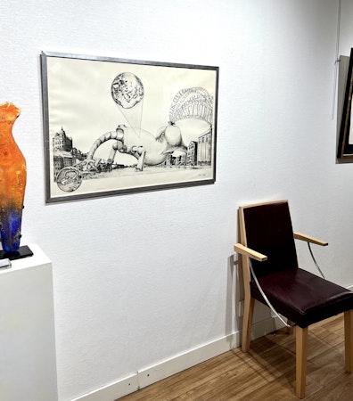 "Surrealistisk stadslandskap med erotiskt monster" Etsning av Ulf Rahmberg. 97x66,5 cm