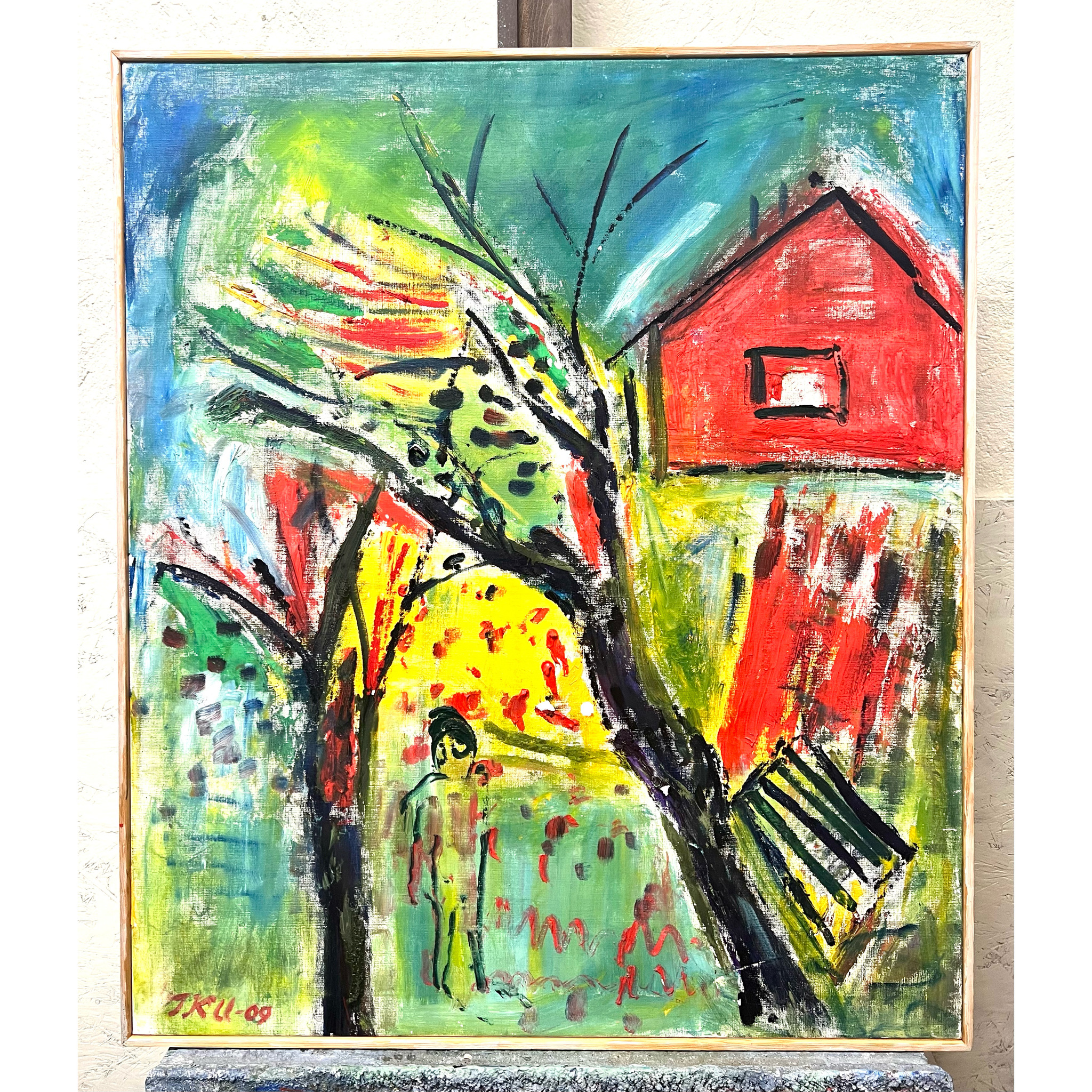 "Hus och höstträd" Olja på duk av Irene K:son Ullberg. 79x93 cm
