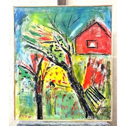 "Hus och höstträd" Olja på duk av Irene K:son Ullberg. 79x93 cm