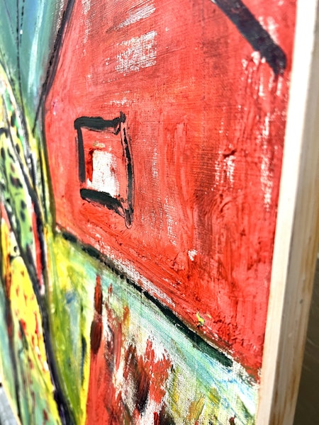 "Hus och höstträd" Olja på duk av Irene K:son Ullberg. 79x93 cm