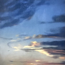 "Orange solnedgång på vitt" Olja på duk av Martin Watsfelt. 55x64 cm