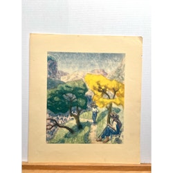 "Vinbärare i bergen" Konsttryck efter träsnitt av Carl Palme. 42x48 cm
