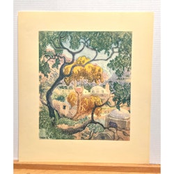 "Amalfi Lantgård" Konsttryck efter träsnitt av Carl Palme. 42x48 cm