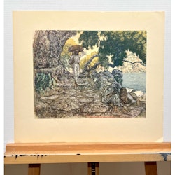 "Vinbärare vid havet" Konsttryck efter träsnitt av Carl Palme. 42x48 cm