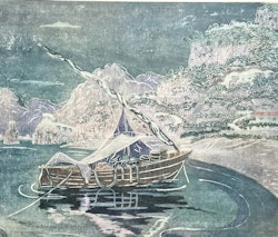 "Vinbåten från Amalfi" Konsttryck efter träsnitt av Carl Palme. 42x48 cm