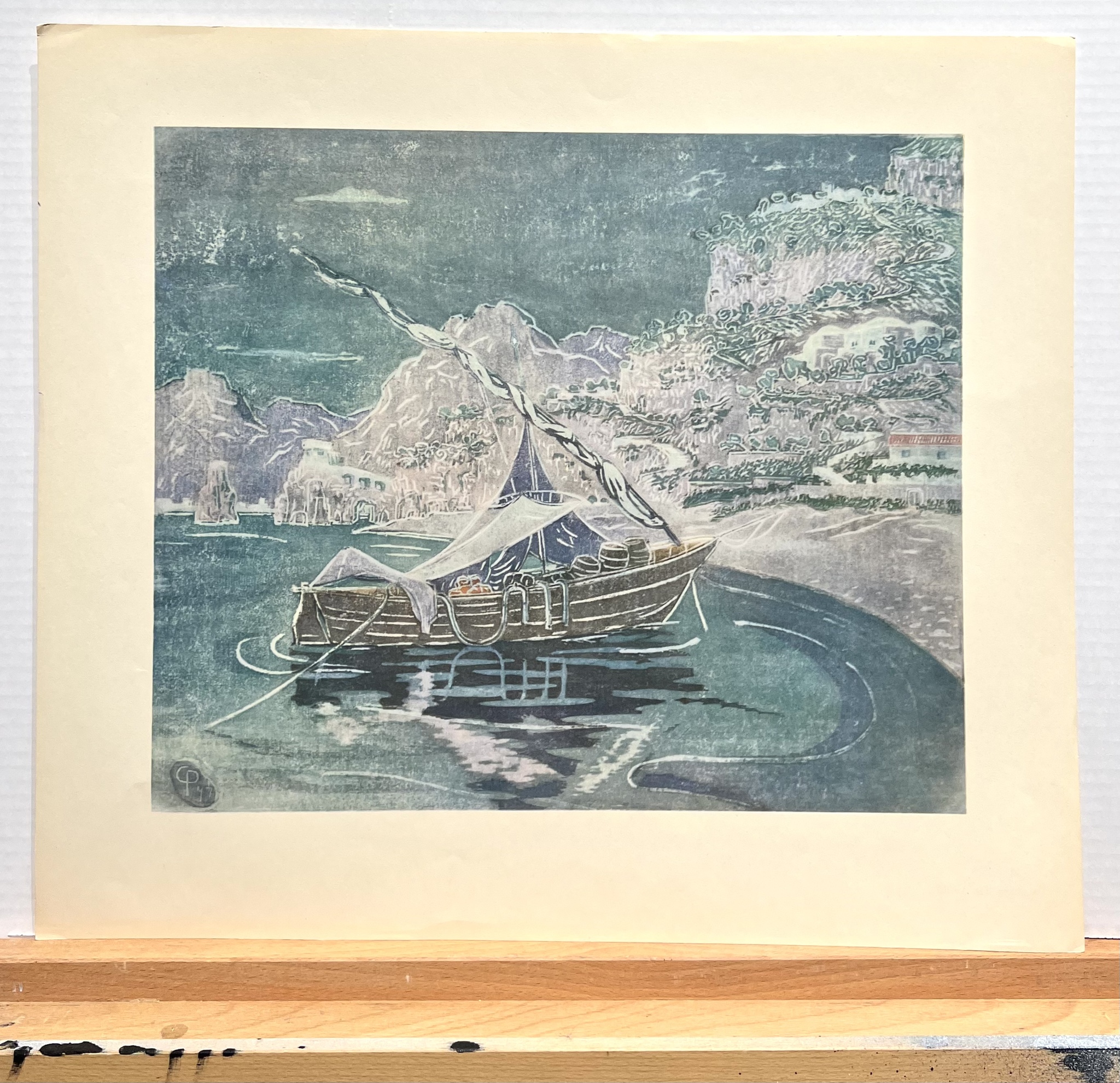 "Vinbåten från Amalfi" Konsttryck efter träsnitt av Carl Palme. 42x48 cm