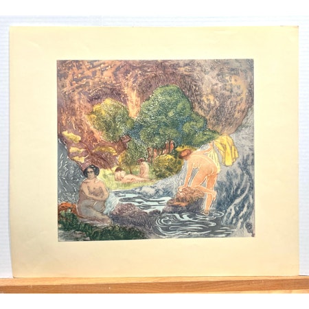 "Badande kvinnor" Konsttryck efter träsnitt av Carl Palme. 42x48 cm